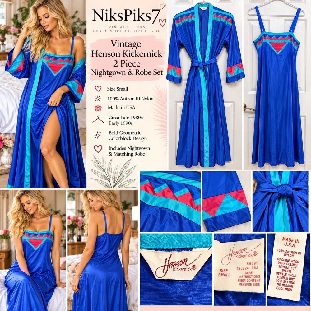Vintage Henson Kickernick 2 Piece Nightgown Robe Set Small Colorblock USA